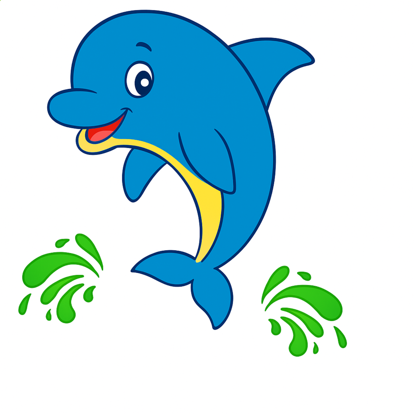 Cartoon blue dolphin with green splashes on a white background