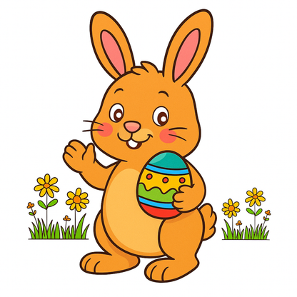 Cartoon Easter bunny holding a colorful egg with flowers in the background