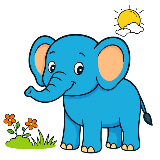 Cartoon blue elephant with flowers and sun on a white background