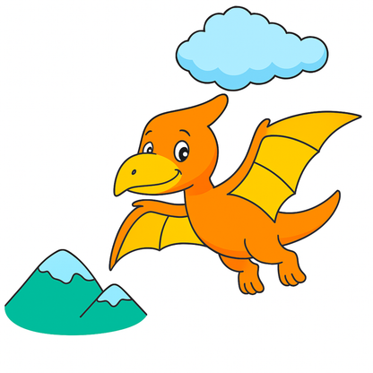 Cartoon pterodactyl with wingspan above a mountain and cloud on a white background