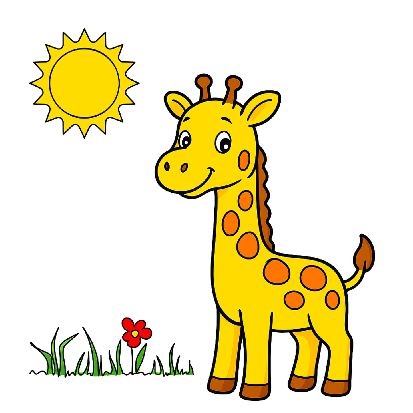 Cartoon giraffe with a sun, flowers, and grass on a white background