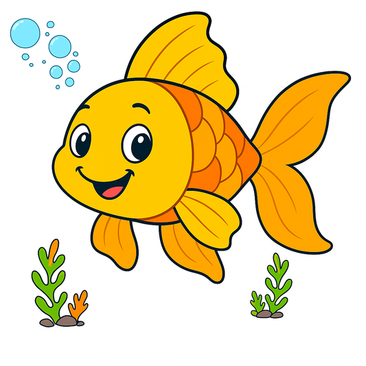 Cartoon goldfish with bubbles and plants on a white background