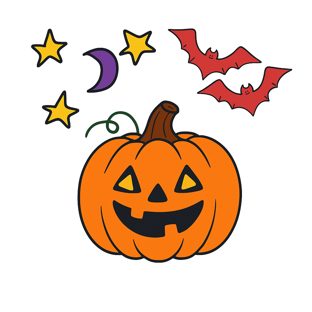 Cartoon pumpkin with jack-o'-lantern face, stars, moon, and bats on a white background