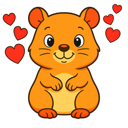Cartoon hamster surrounded by red hearts on a white background