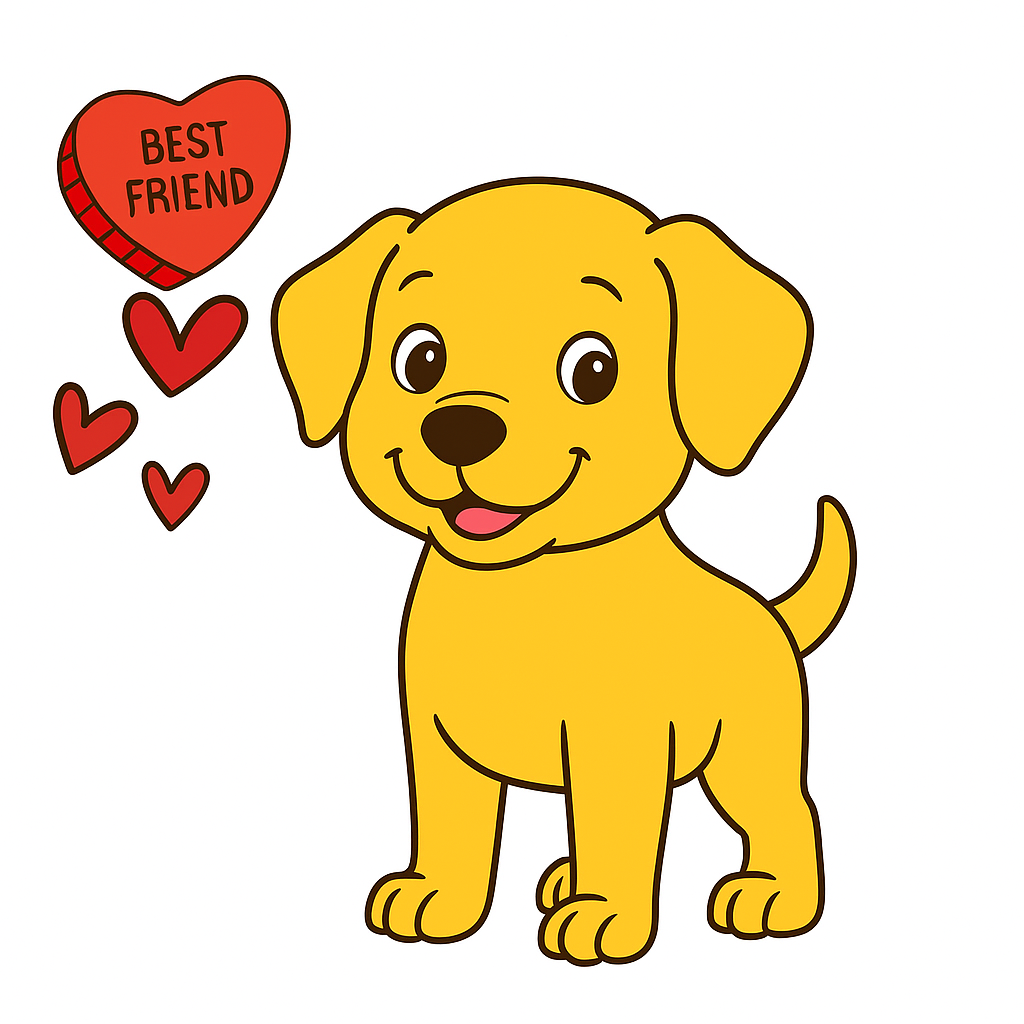 Cartoon yellow dog with red hearts and 'BEST FRIEND' text on a white background