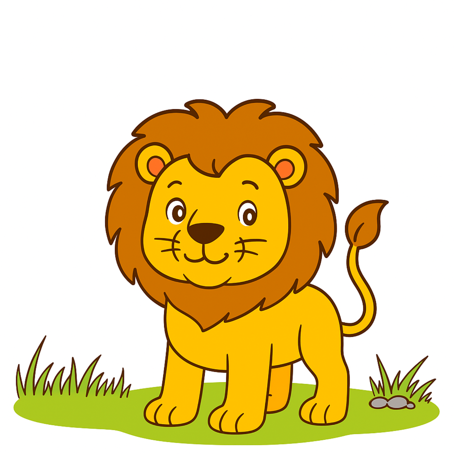 Cartoon lion standing on grass with a white background