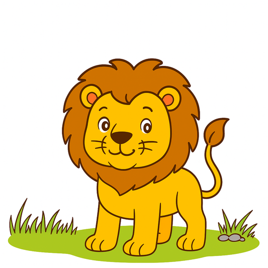 Cartoon lion standing on grass with a white background