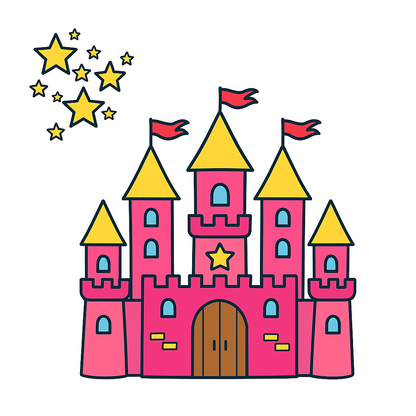 Colorful cartoon castle with yellow towers, red flags, and stars on a white background