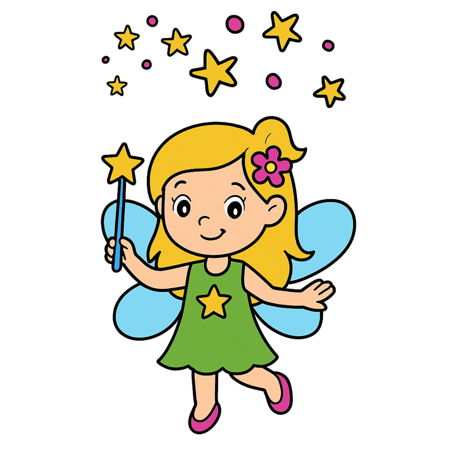 Cartoon fairy with blue wings and a green dress holding a star-shaped wand on a white background.