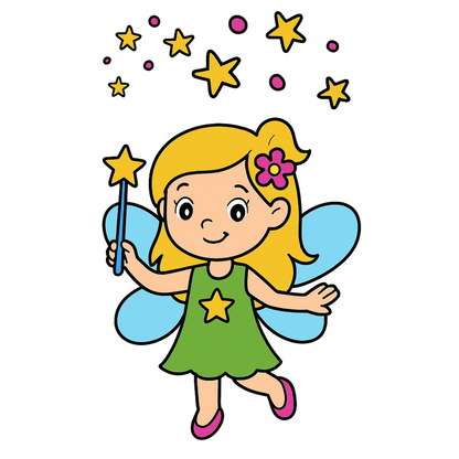 Cartoon fairy with blue wings and a green dress holding a star-shaped wand on a white background.
