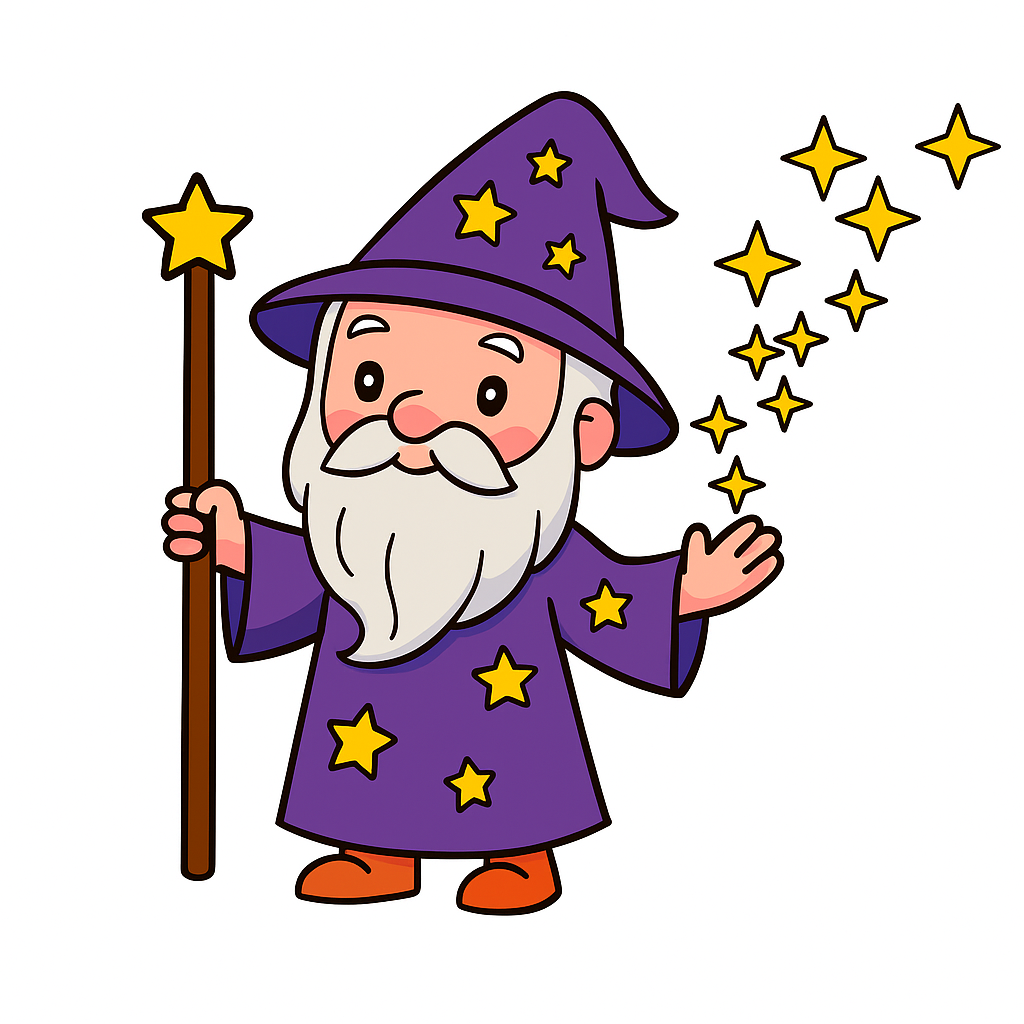Cartoon wizard character with a purple hat and robe, holding a wand and surrounded by stars on a white background.