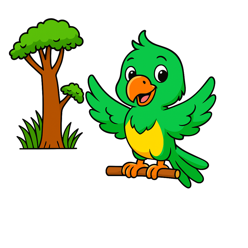 Cartoon green parrot with a yellow belly on a branch next to a small tree.