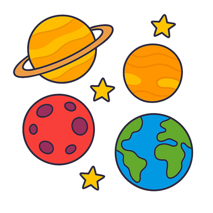 Colorful cartoon depiction of planets and stars on a white background