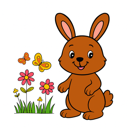Cartoon brown rabbit with flowers and butterflies on a white background