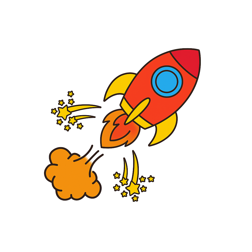 Colorful cartoon rocket ship with stars and smoke on a white background