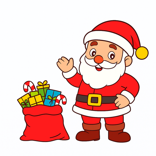 Cartoon Santa Claus with a sack of gifts on a white background