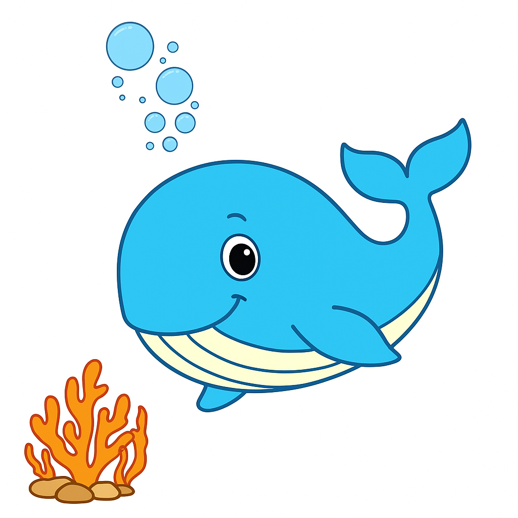 Cartoon blue whale with bubbles and coral on a white background