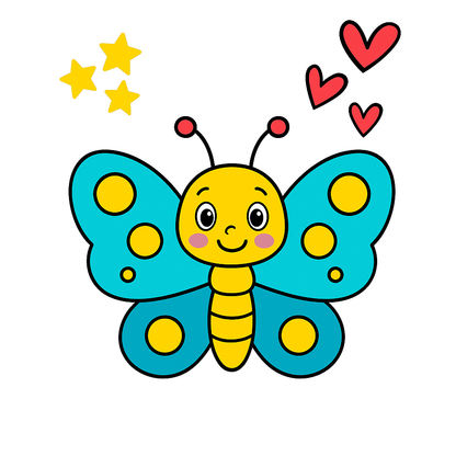 Cartoon butterfly with blue wings and yellow body on a white background