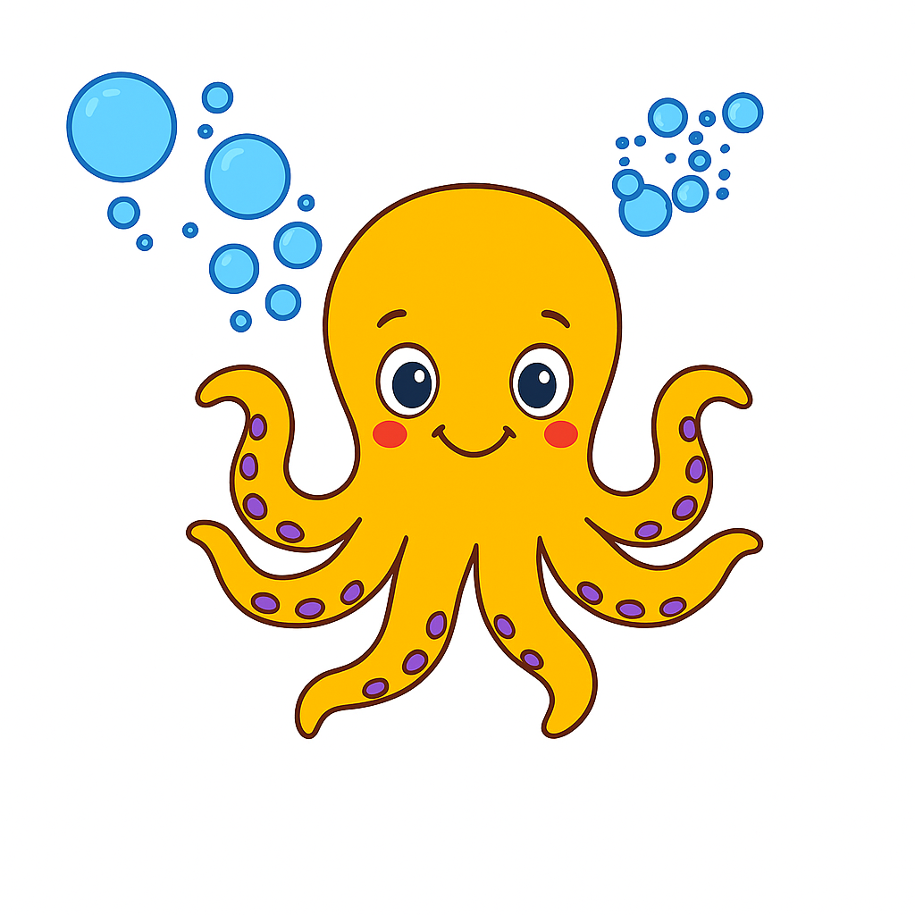 Cartoon octopus with blue bubbles on a white background