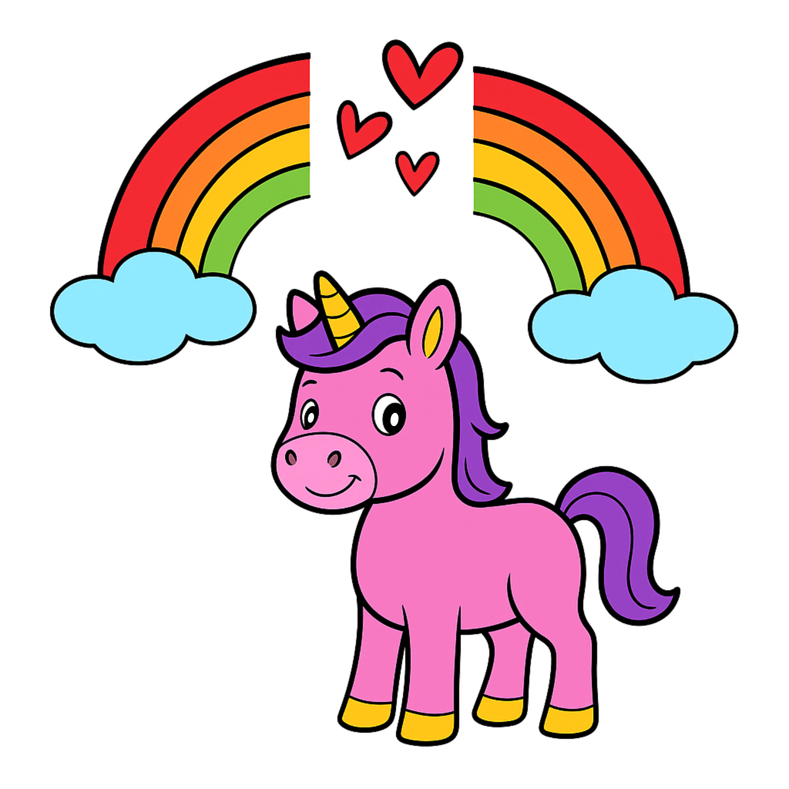 Cartoon unicorn with a rainbow and hearts on a white background