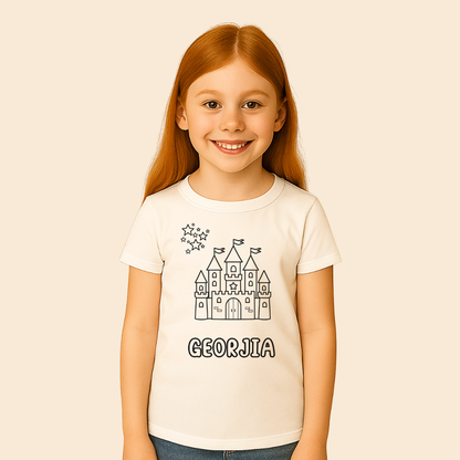 Young girl wearing a white t-shirt with a castle design and 'Georgia' text on a beige background