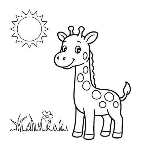 Cartoon giraffe with a sun and flowers on a white background