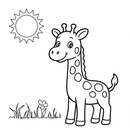 Cartoon giraffe with a sun and flowers on a white background
