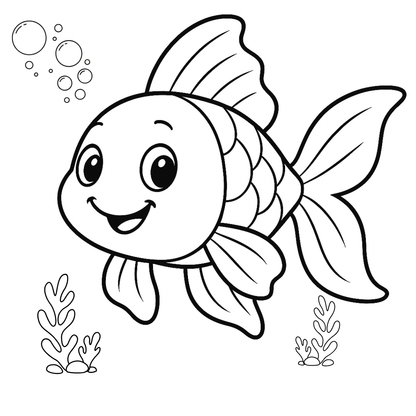 Black and white illustration of a cartoon fish with bubbles and seaweed on a white background