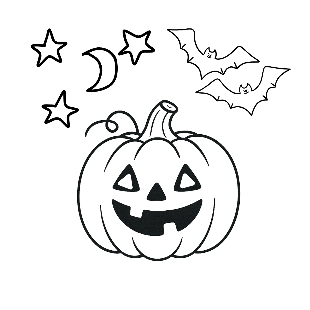 Black and white illustration of a Halloween pumpkin with bats, stars, and a moon.