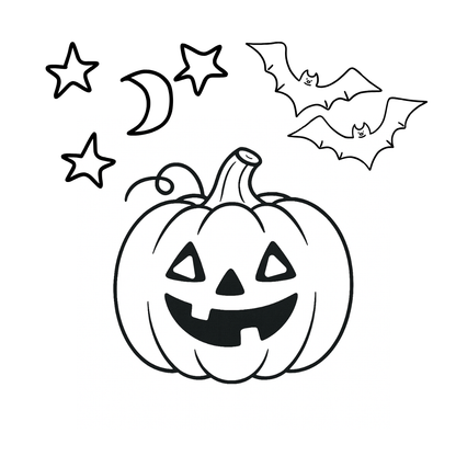 Black and white illustration of a Halloween pumpkin with bats, stars, and a moon.
