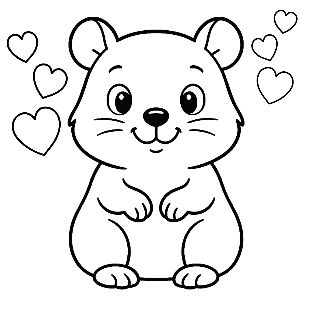 Cartoon hamster with hearts around on a white background