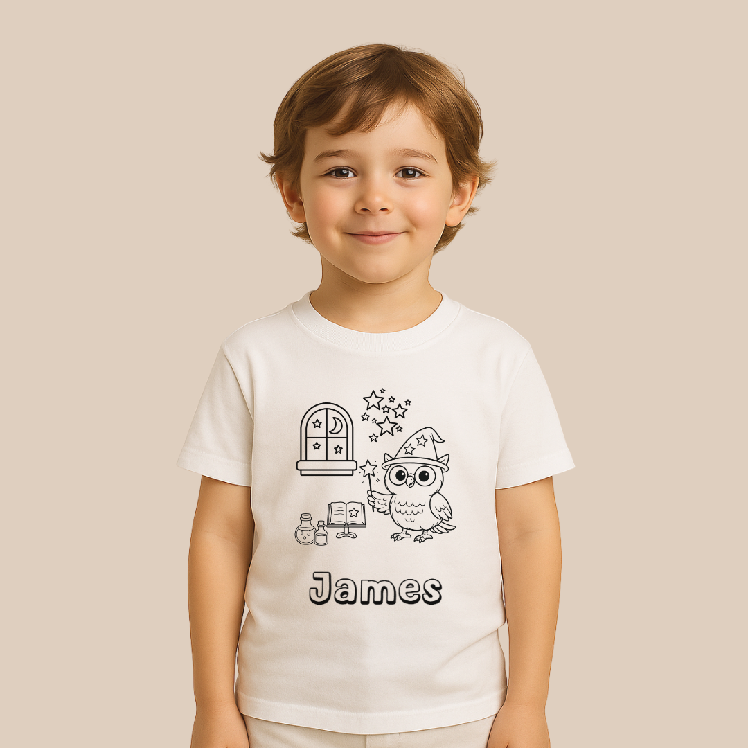 Child wearing a white t-shirt with a printed design and the name 'James' on a beige background