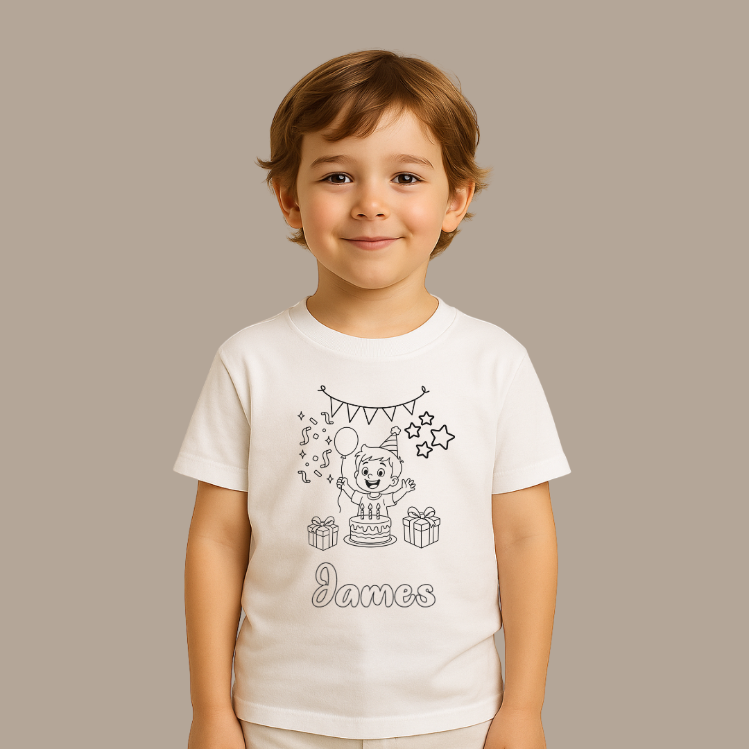 Child wearing a white t-shirt with a printed design and name on a beige background