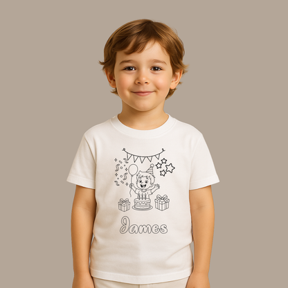 Child wearing a white t-shirt with a printed design and name on a beige background