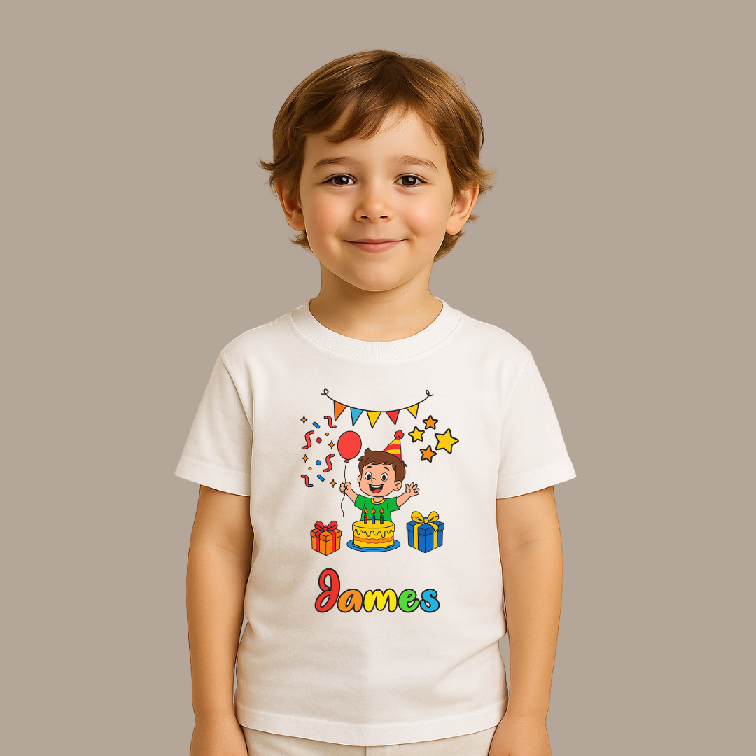 Child wearing a white t-shirt with a colorful design and the name 'James' on a beige background
