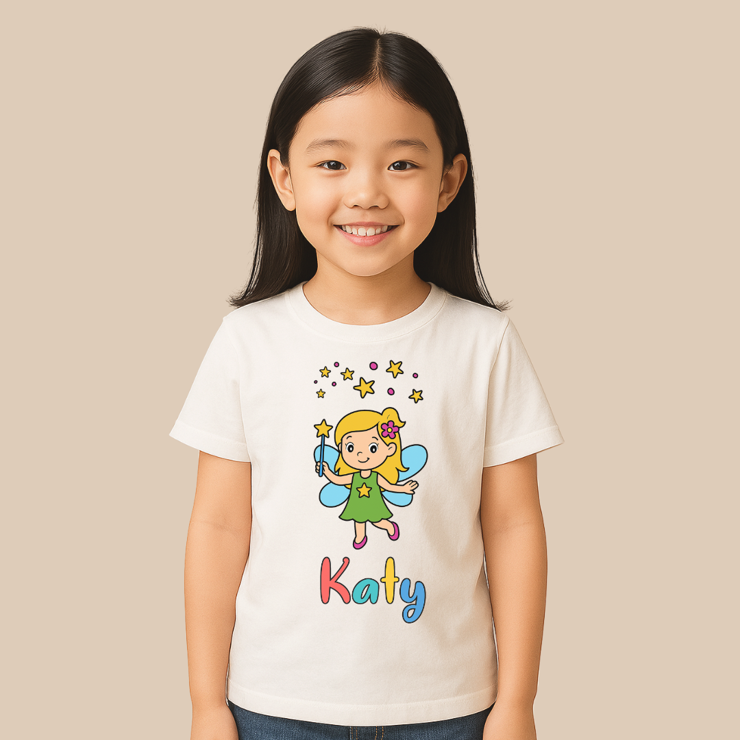 Young girl wearing a white t-shirt with a colorful fairy design and the name 'Katy' on a beige background