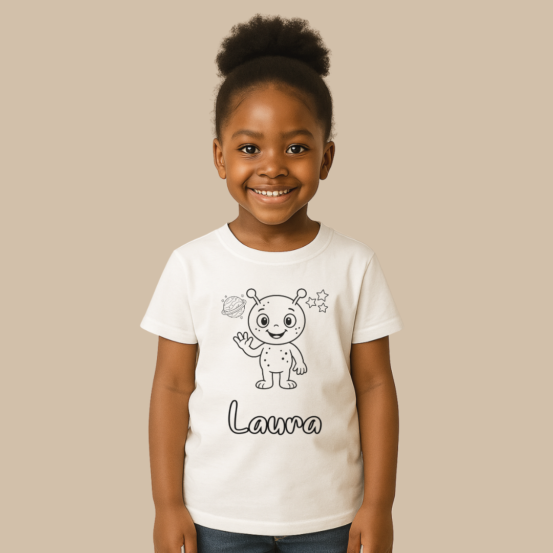 Child wearing a white t-shirt with a cartoon character and the name 'Laura' on a beige background