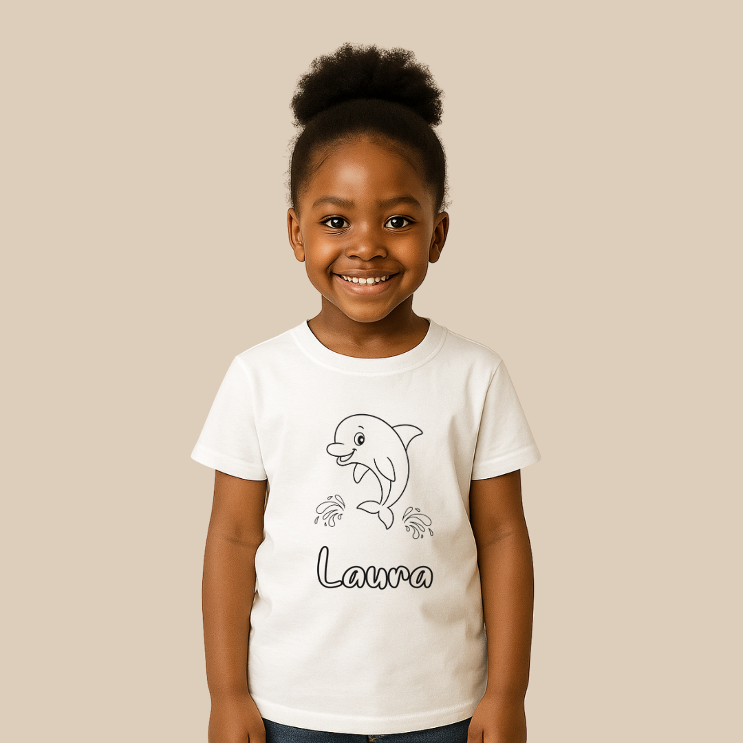 Child wearing a white t-shirt with a dolphin design and the name 'Laura' on a beige background