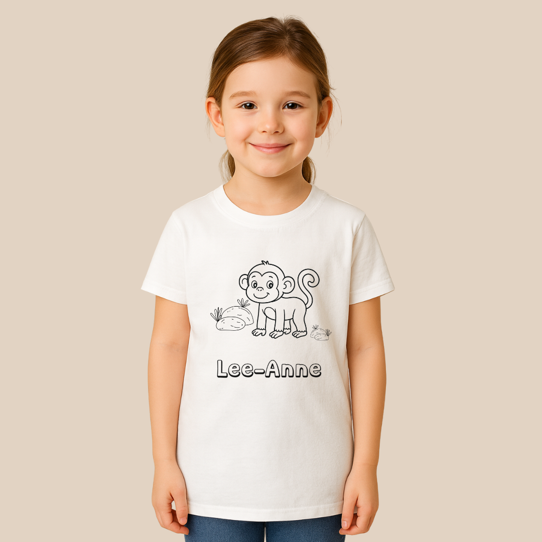 Child wearing a white t-shirt with a monkey graphic and 'Lee-Anne' text on a beige background