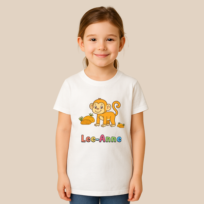 Child wearing a white t-shirt with a monkey graphic and 'Lee-Anne' text on a beige background