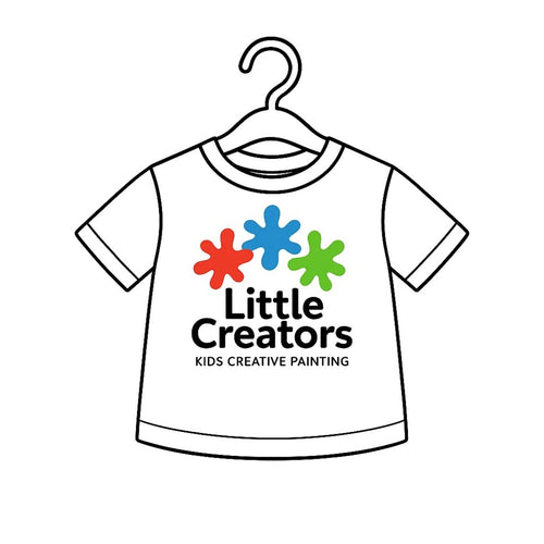 White t-shirt with 'Little Creators' logo on a hanger against a white background