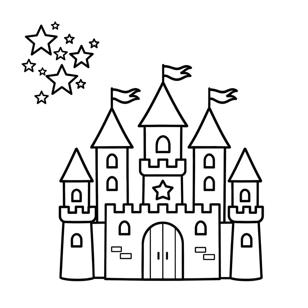 Black and white drawing of a castle with stars above it
