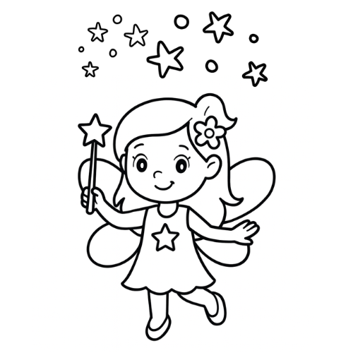 Black and white illustration of a fairy with stars around her on a white background