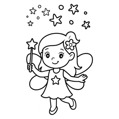 Black and white illustration of a fairy with stars around her on a white background