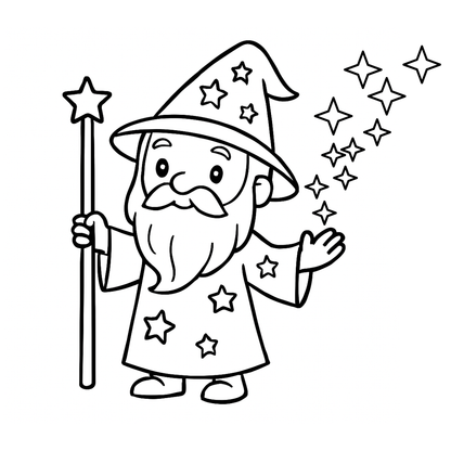 Cartoon wizard with a hat and stars, holding a wand, on a white background