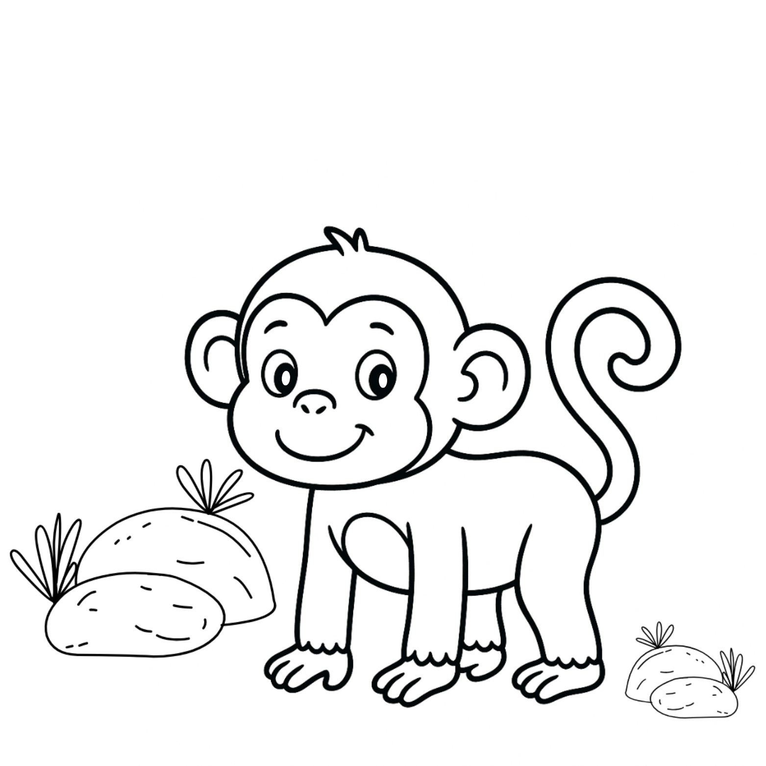 Black and white illustration of a monkey with plants on a white background