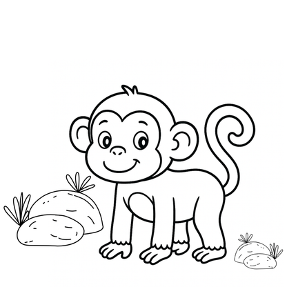 Black and white illustration of a monkey with plants on a white background