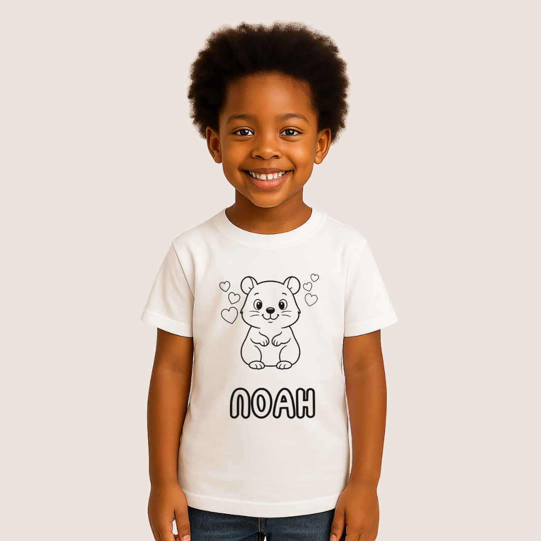 Child wearing a white t-shirt with a graphic of a hamster and the name 'NOAH' on a beige background