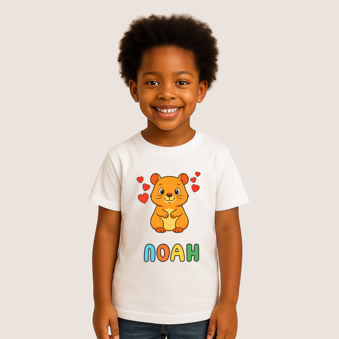 Child wearing a white t-shirt with a cartoon hamster and colorful letters on a beige background