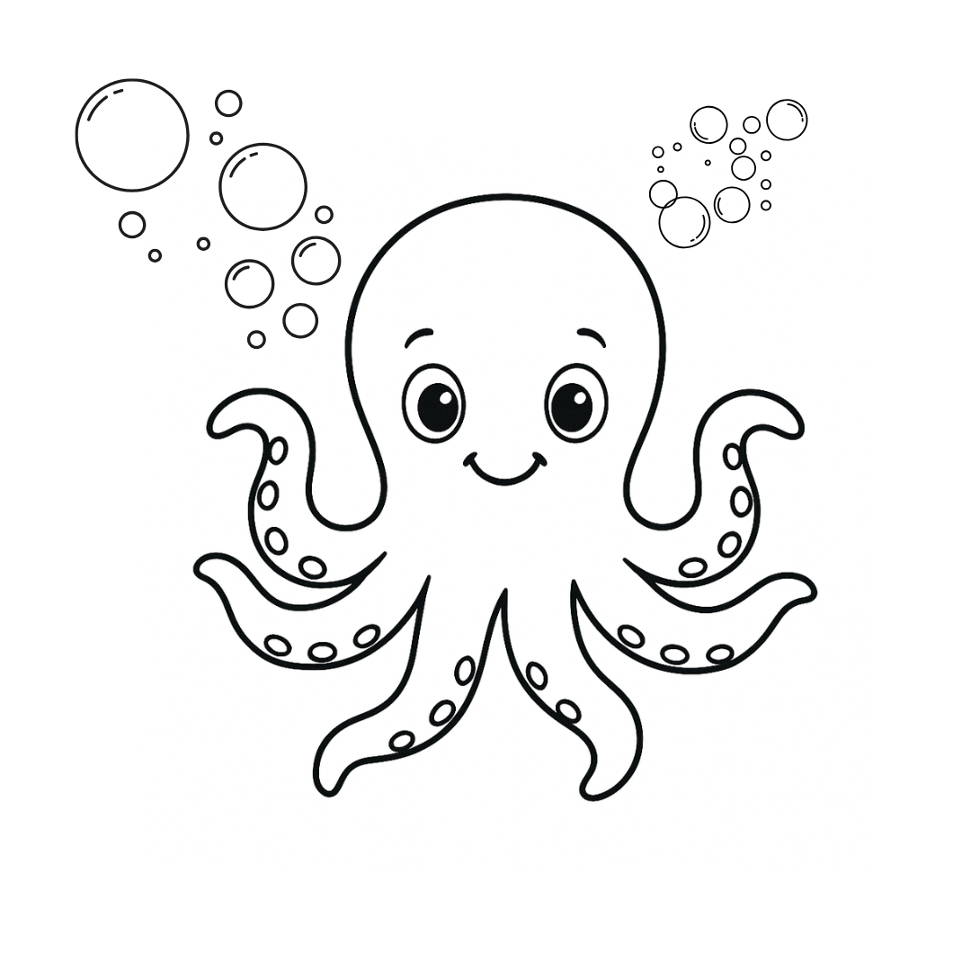 Black and white line drawing of a cartoon octopus with bubbles on a white background